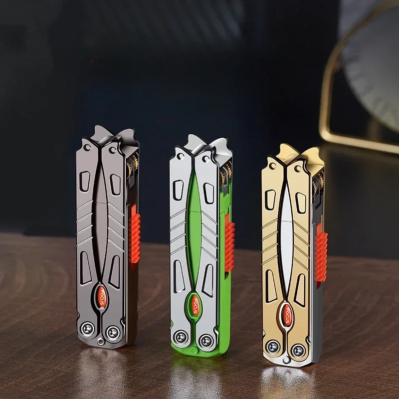 New Metal Flint Grinding Wheel Ignition Lighter Windproof Folding Jet Inflatable Pressure Reducing Lighter Men\'s Smoking Gift