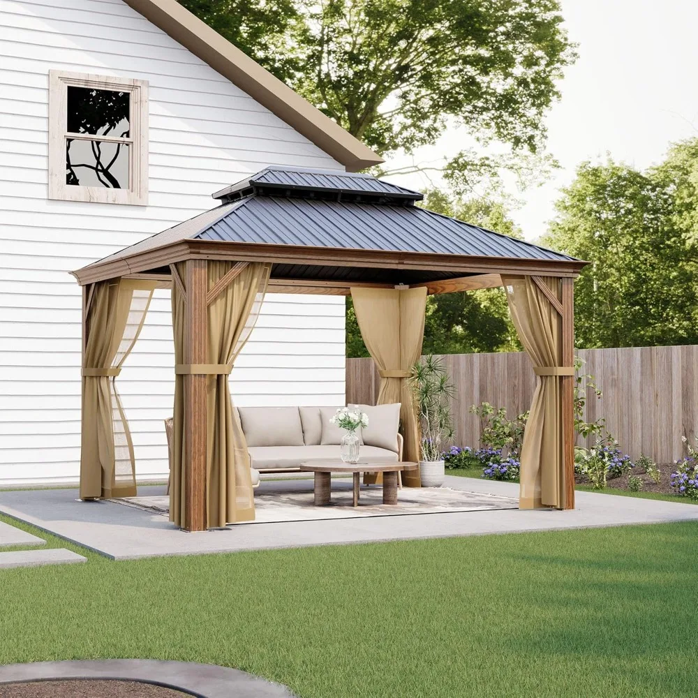 

10X12FT Outdoor Gazebo, Hardtop Gazebowith Galvanized Steel Double Roof, Heavy Duty Metal Gazebos with Netting & Curtains