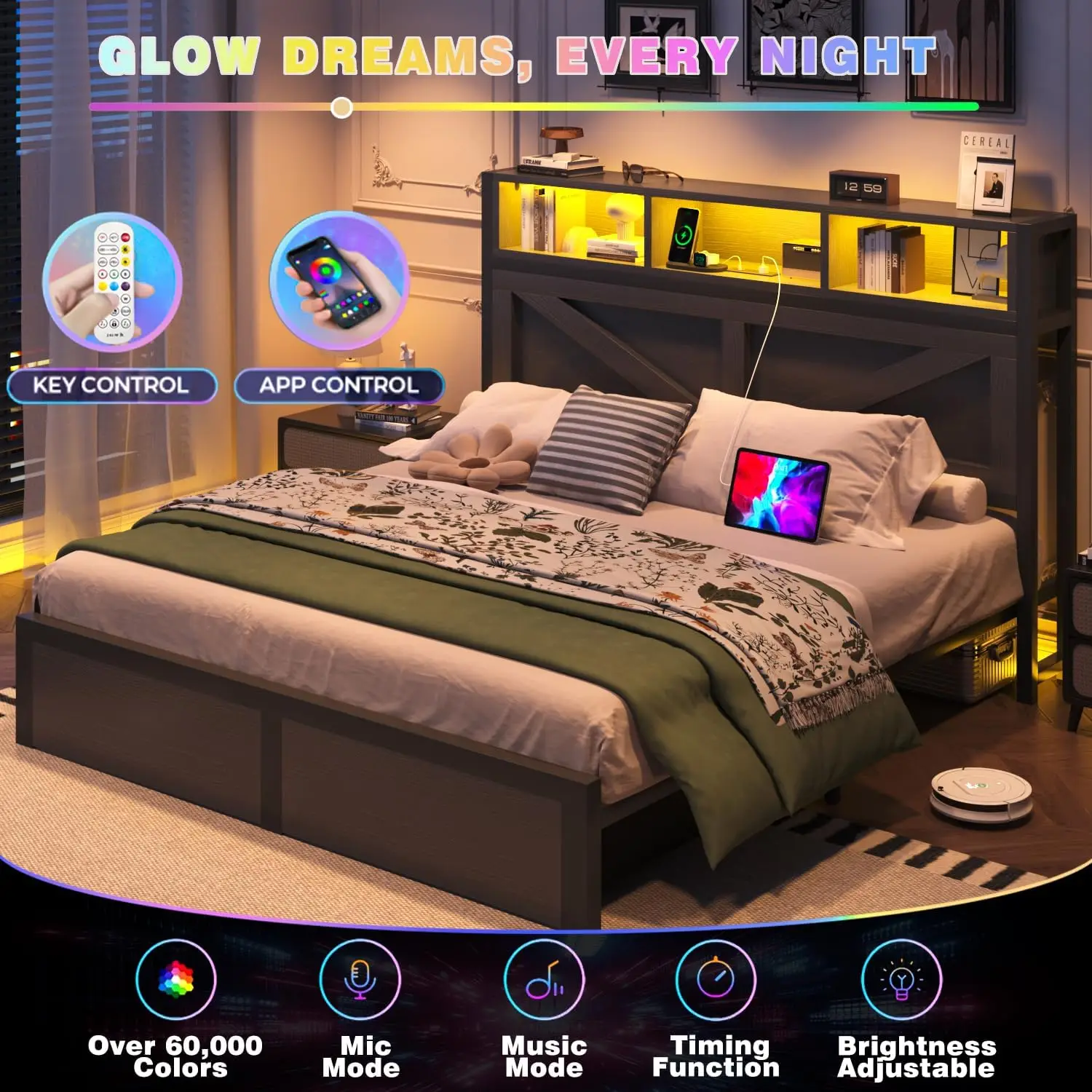 إطار سرير المزرعة مع خزانة الكتب ومحطة شحن اللوح الأمامي وإضاءة LED ودرجين تخزين خالية من الضوضاء بدون صندوق زنبركي Ne