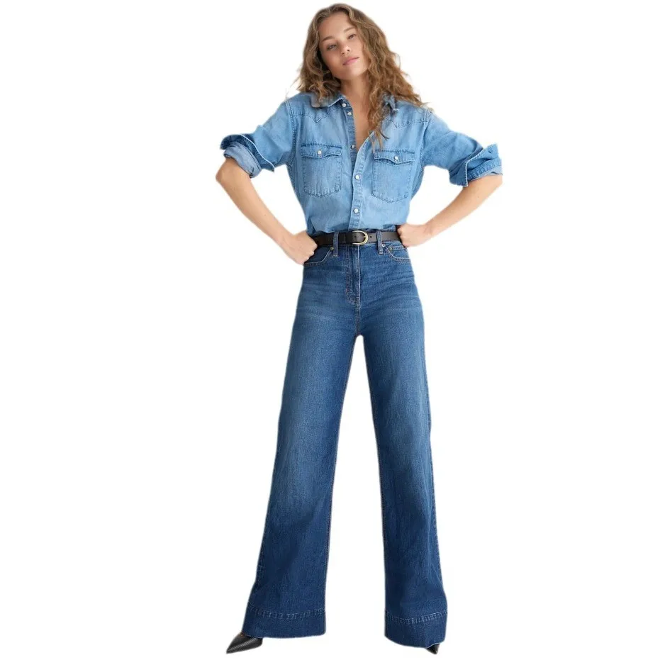 Women's Baggy Wide Leg Jeans Mid Waist Full Length Loose Fit Distressed Stone Washed Denim Pants for Women Casual Streetwear