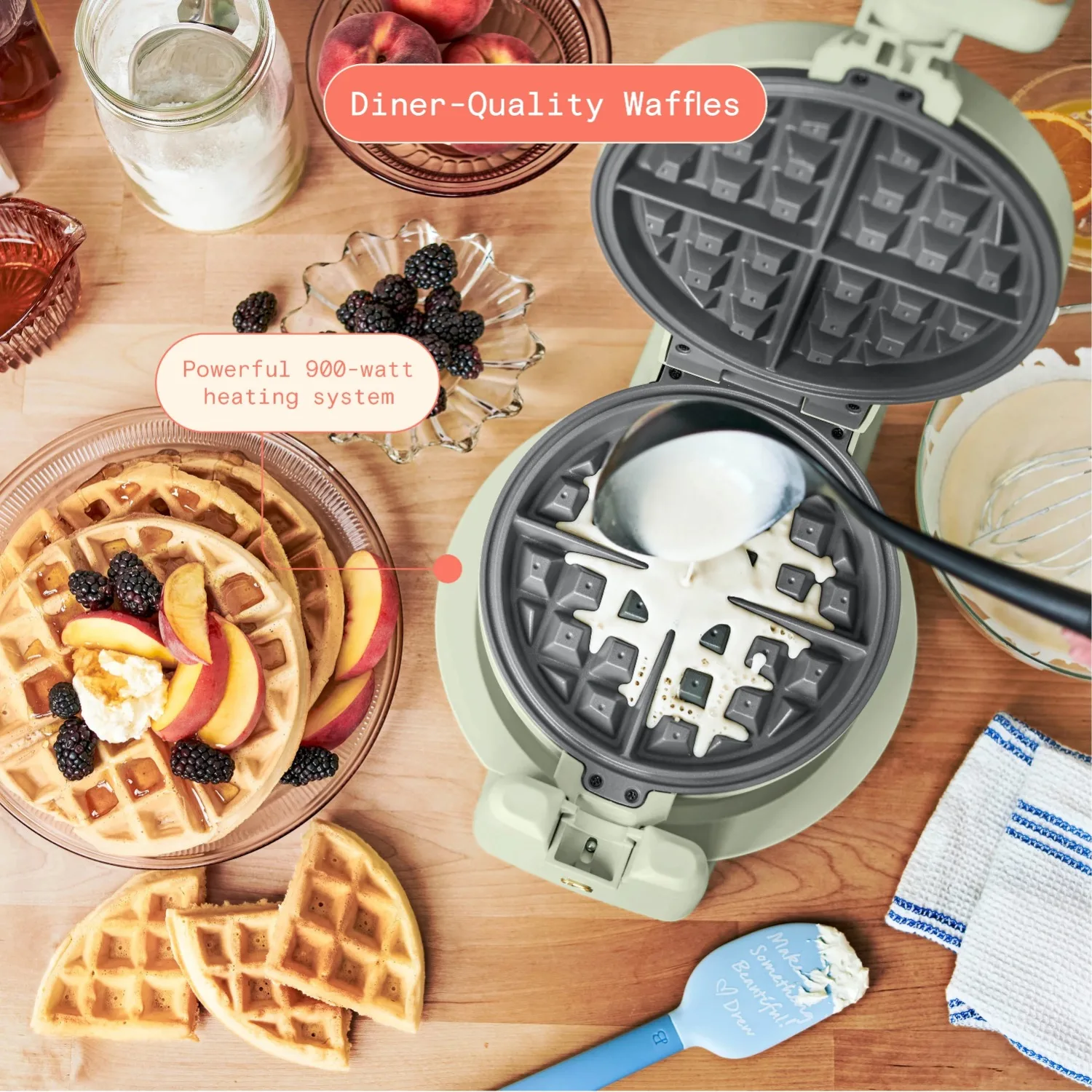 Set pembuat wafel Belgia berputar, Set alat wafel, hijau Sage