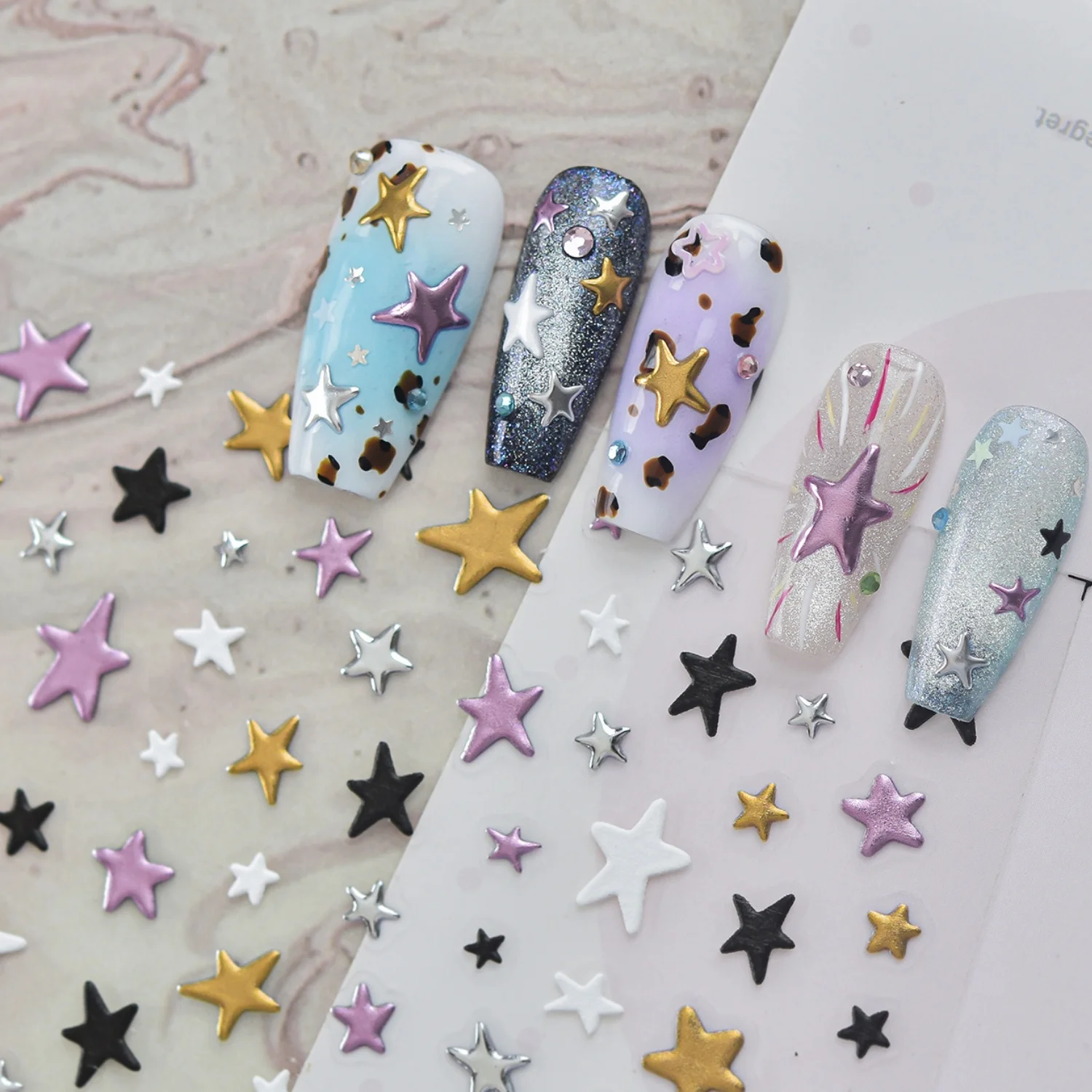 Metal Geometric Pentagram 5D Nail Decals Embossed Star Starry Sky Simple Self Adhesive Nail Stickers For Women Nail Art Decor