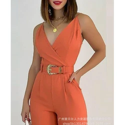 Summer Fashion Solid Slim High Waist Pocket Jumpsuits Women Jumpsuits Women Sexy V-neck Spaghetti Strap Bandage Pencil Jumpsuits