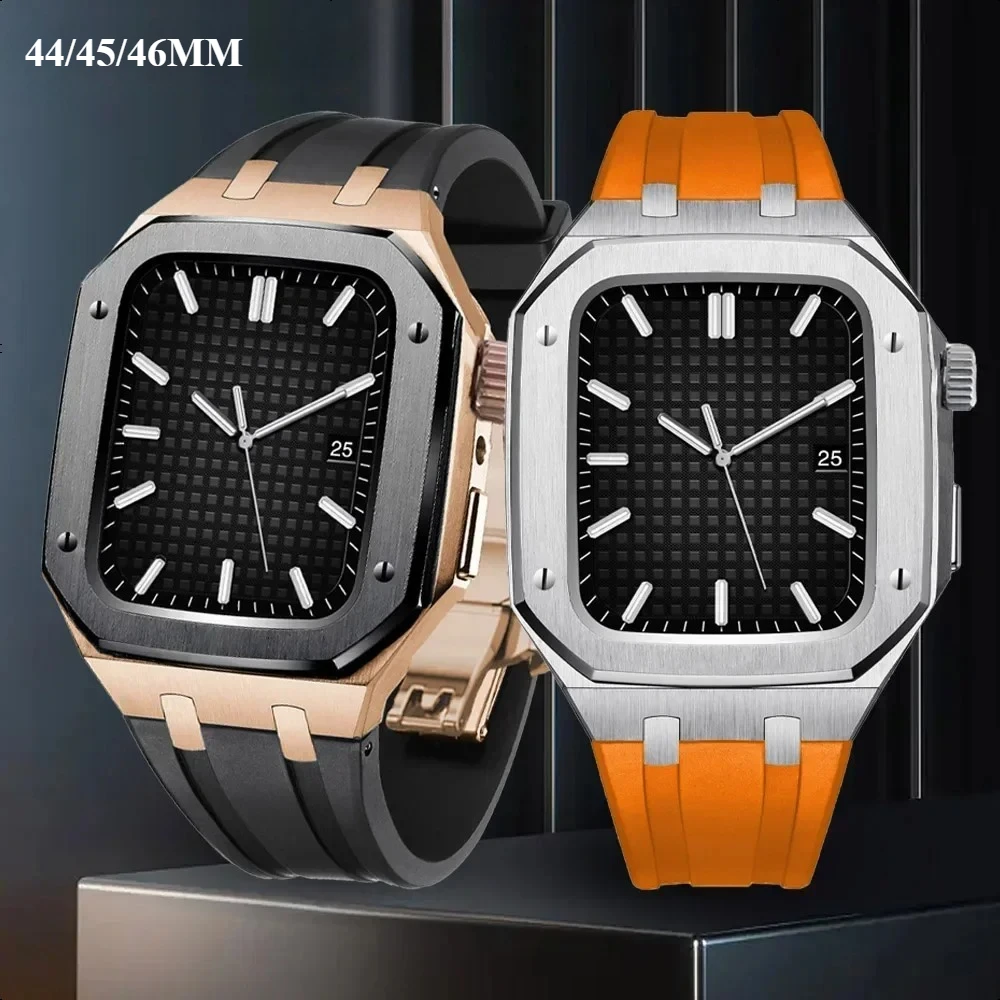 

Металлический корпус + силиконовый ремешок 46/45/44 для Apple Watch Series 9 8 7 SE/6/5/4, резиновый браслет, роскошный комплект для модификации из нержавеющей стали