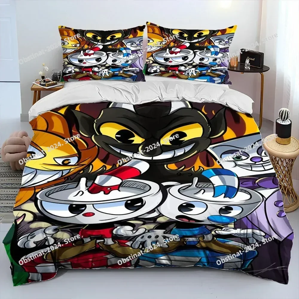 Cuphead and Mugman,Game Gamer Comforter Bedding Set,Duvet Cover Bed Set Quilt Cover Pillowcase,King Queen Size Bedding Set kids