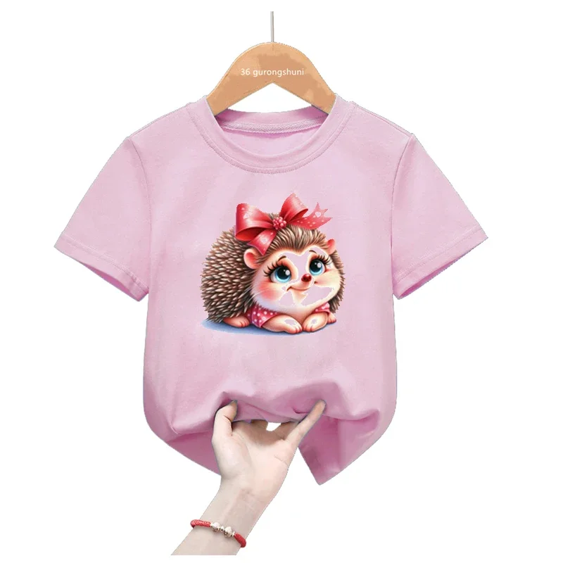 Bow Hedgehog Love Flowers Print Pink T Shirt For Girls Harajuku Kawaii Kids Clothes Summer Fashion Tops Tee Shirt