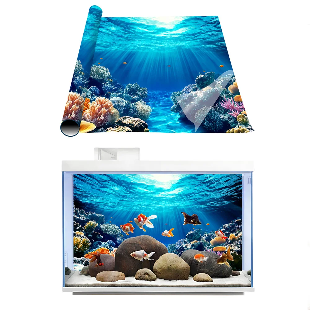 Sunshine Blue Ocean Coral Reef，Fish tank background painting, Aquarium painting sticker, Front self-adhesive，Landscape ornaments