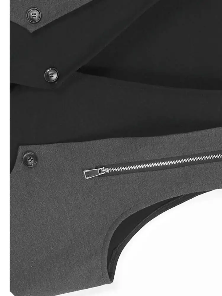 Gilet da donna di grandi dimensioni con cerniera sull'orlo irregolare color block nero Nuovo colletto a V senza maniche Moda marea Primavera Autunno