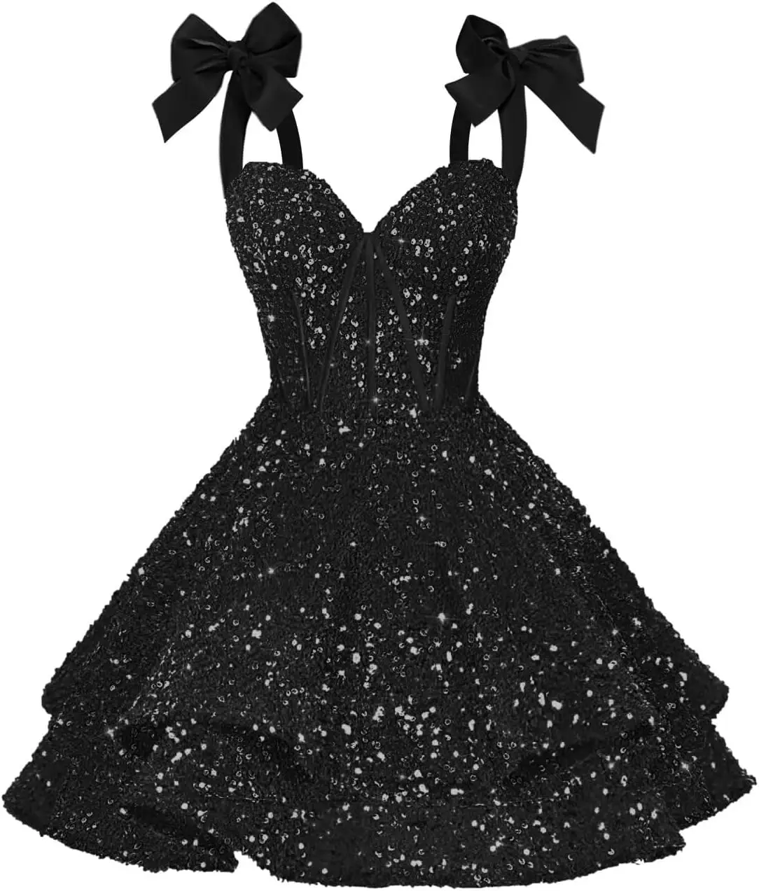 Sparkly Sequin Bows Homecoming Dresses 2026 Short Spaghetti Straps Tiered Satin Sweet 16 Prom Cocktail Dress Graduation Dress
