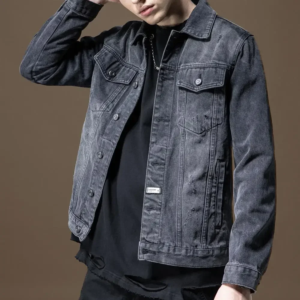 Jeans Coat for Men Autumn Black Denim Jackets Man with Embroidery on Board Vintage Y2k Rock G Casual Fast Delvery High Quality