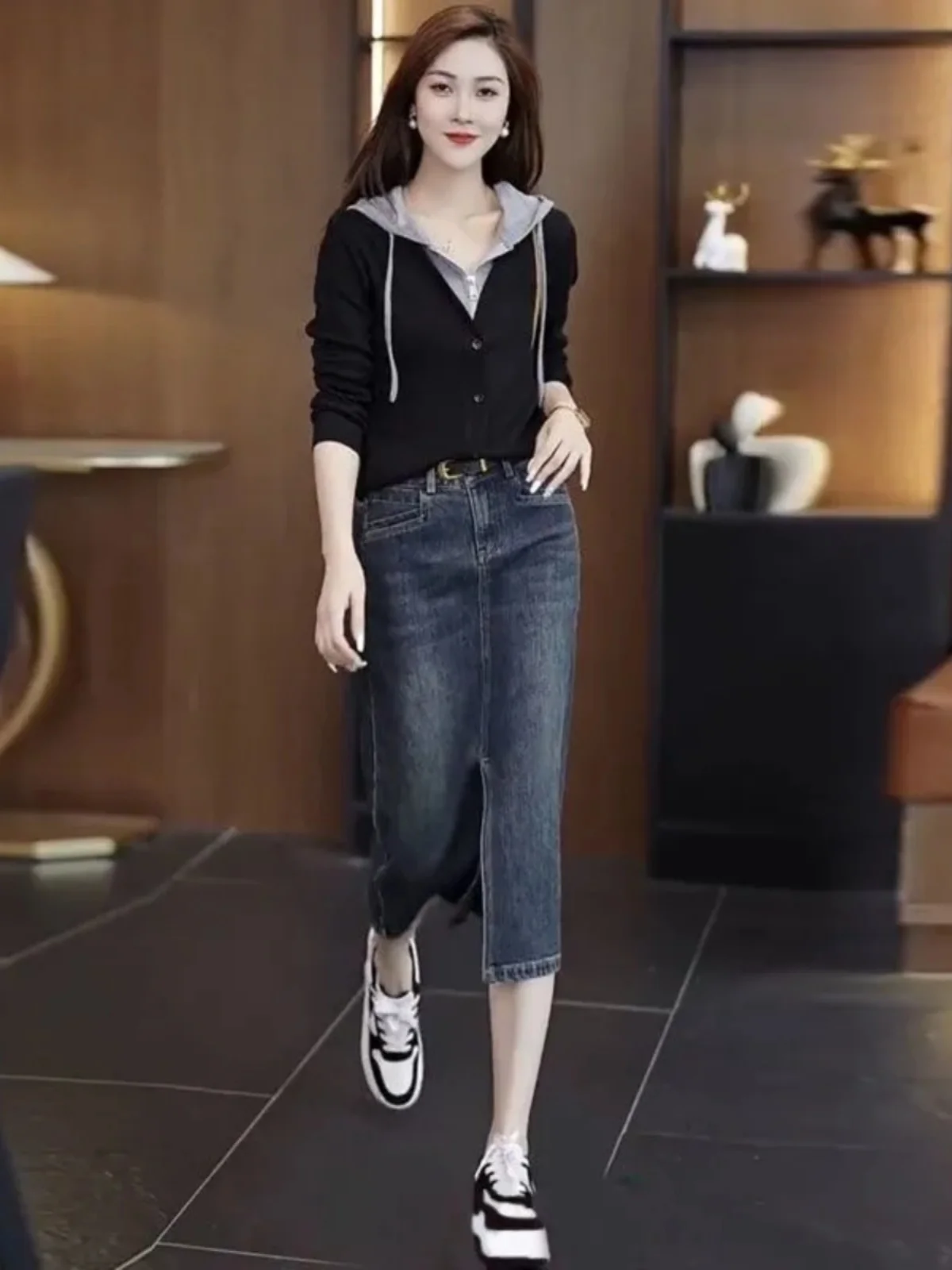Elegant Anti-Aging Fashion Set Women's Spring Autumn Denim  Skirt Hoodie Outfit High Quality Material Student Work Uniform