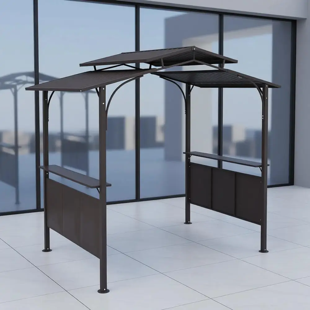 

Садовая беседка-гриль 8x5 футов с 2 боковыми полками, двухуровневой переплетенной полиэтиленовой крышей, коричневая