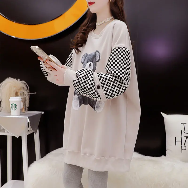 Fashion Solid Color Cartoon Plaid Casual Sweatshirts Female Clothing 2023 Autumn Oversize Korean Tops Casual Sweatshirts