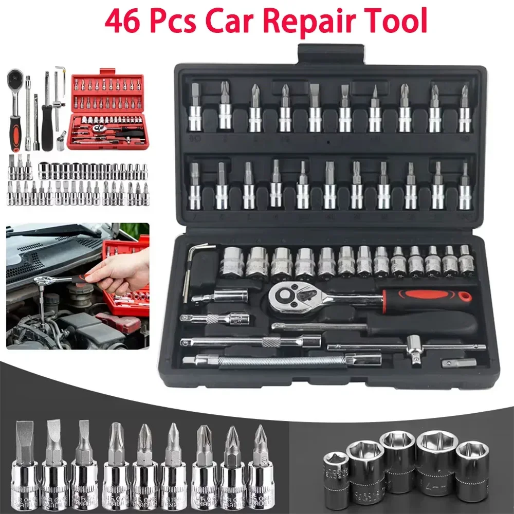 

46 - Piece Auto Repair Tool Set, Ratchet Socket Wrench Combo, Multi - Function Toolbox for Car/Motorcycle/Home Repair Amagi