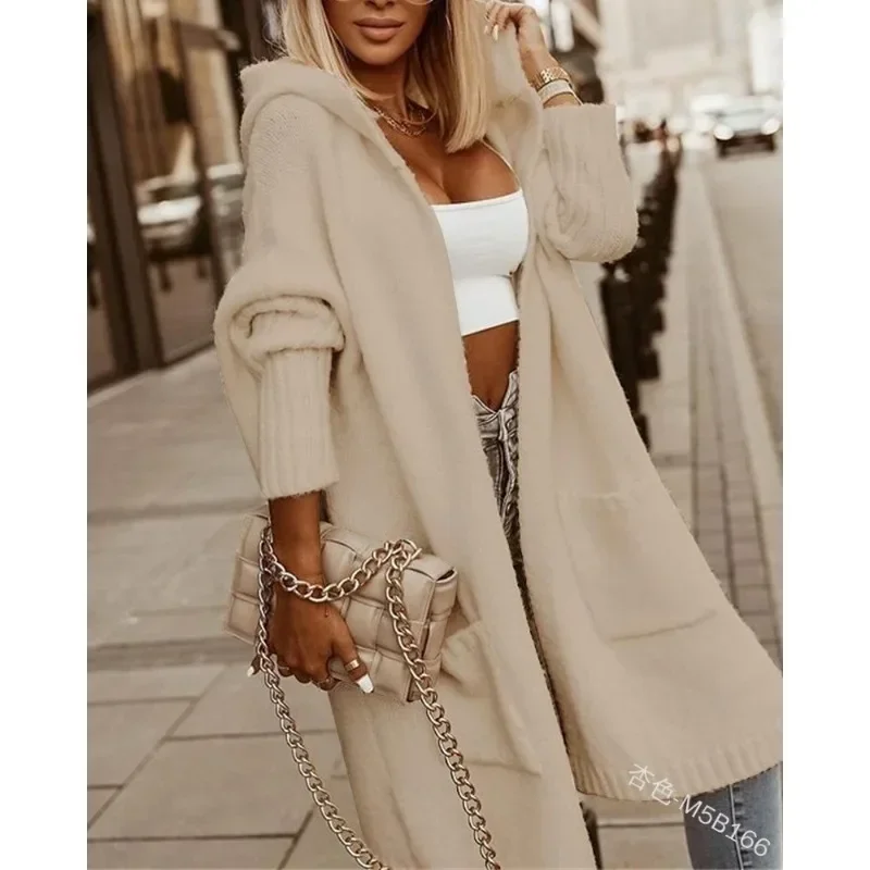 Women Knitted Hooded Cardigan Sweater Top Elegant Fashion Solid Color Long Sleeve Loose Pocket Outwear Coat Y2K Clothes