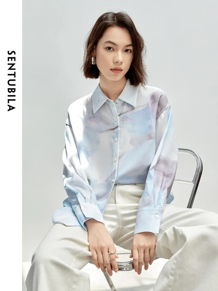 SENTUBILA Art Print Casual Shirt for Women 2024 Autumn Loose Turn-down Collar Long Sleeve Shirts & Blouses Womens Tops 143C56429