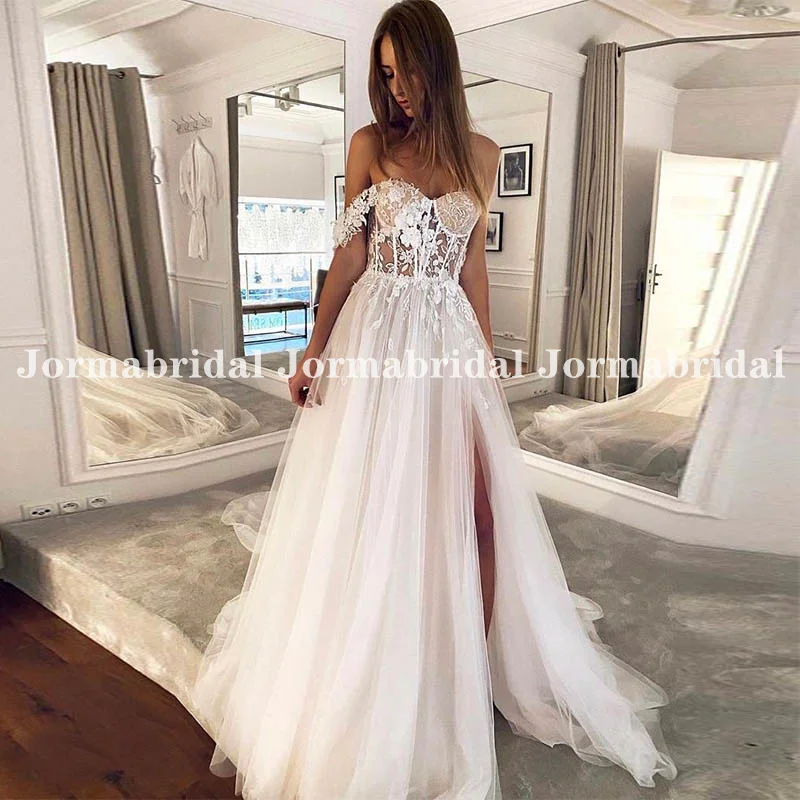 Dreamy A-line Wedding Gown with High Slit Off the Shoulder Nude Mesh Illusion Bodice Floral Lace Applique Boho Bridal Dresses