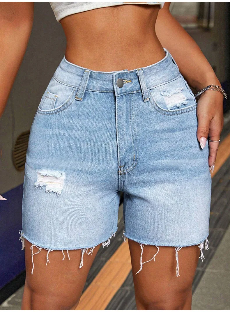Short Jeans Women Casual Holes High Waist Trousers Button Straight Pants Streetwear Club Beach Mini Lenth 2025 Summer Mom Jeans