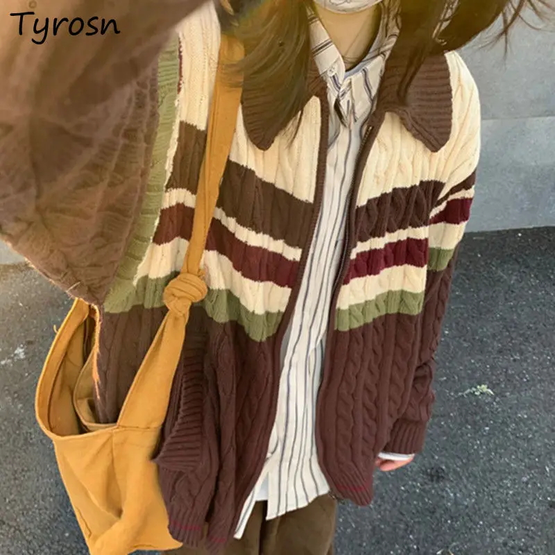 Zip-up Cardigan Women Striped Vintage Cozy Outwear Fashion Autumn Knitted Casual Korean Style All-match Classic Soft Temperament