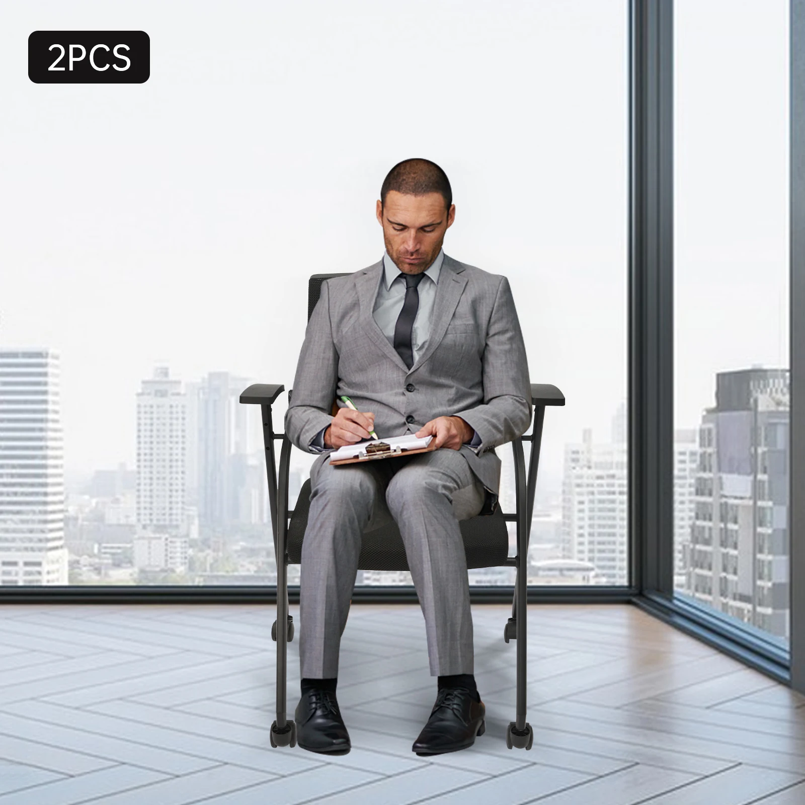 2 Pack Conference Room Chairs, Stackable & Ergonomic Foldable Chair with Armrest - Mesh Bouncing Back for Office Meetings