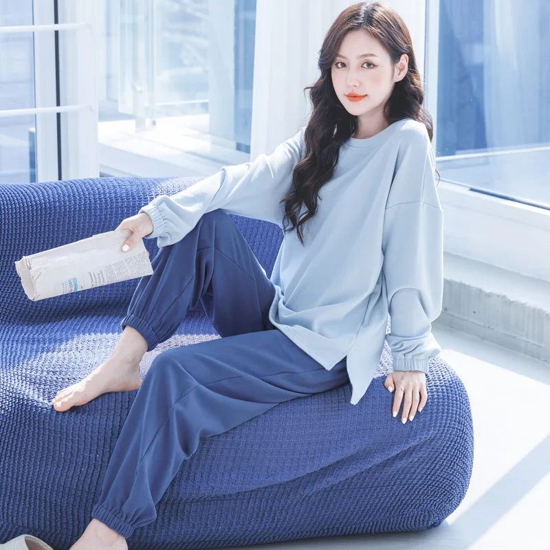 Spring and autumn pajamas, women's German velvet long sleeved Korean version, simple and casual round neck home wear, autumn and