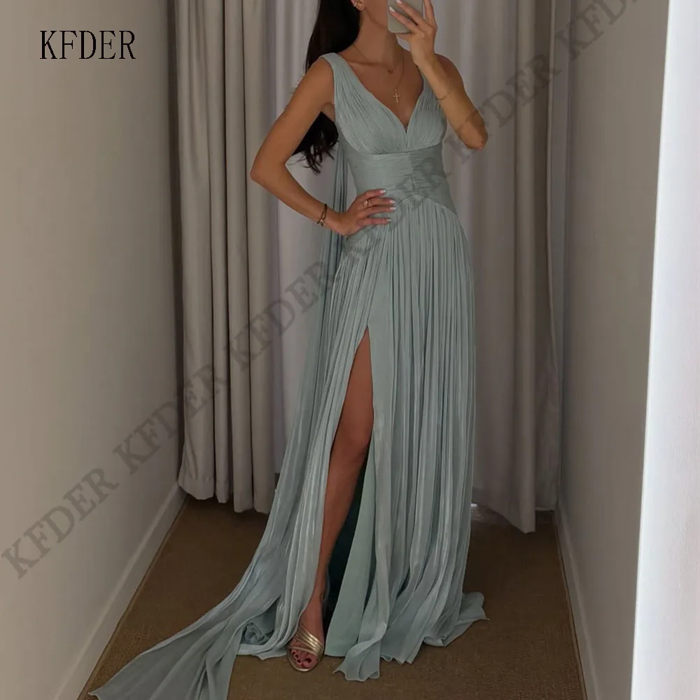 Dusty Blue Side Slit Pleated Chiffon Evening Dress Draped A‑Line Long Prom Dress Formal Pageant Wedding Guest Gown Customized