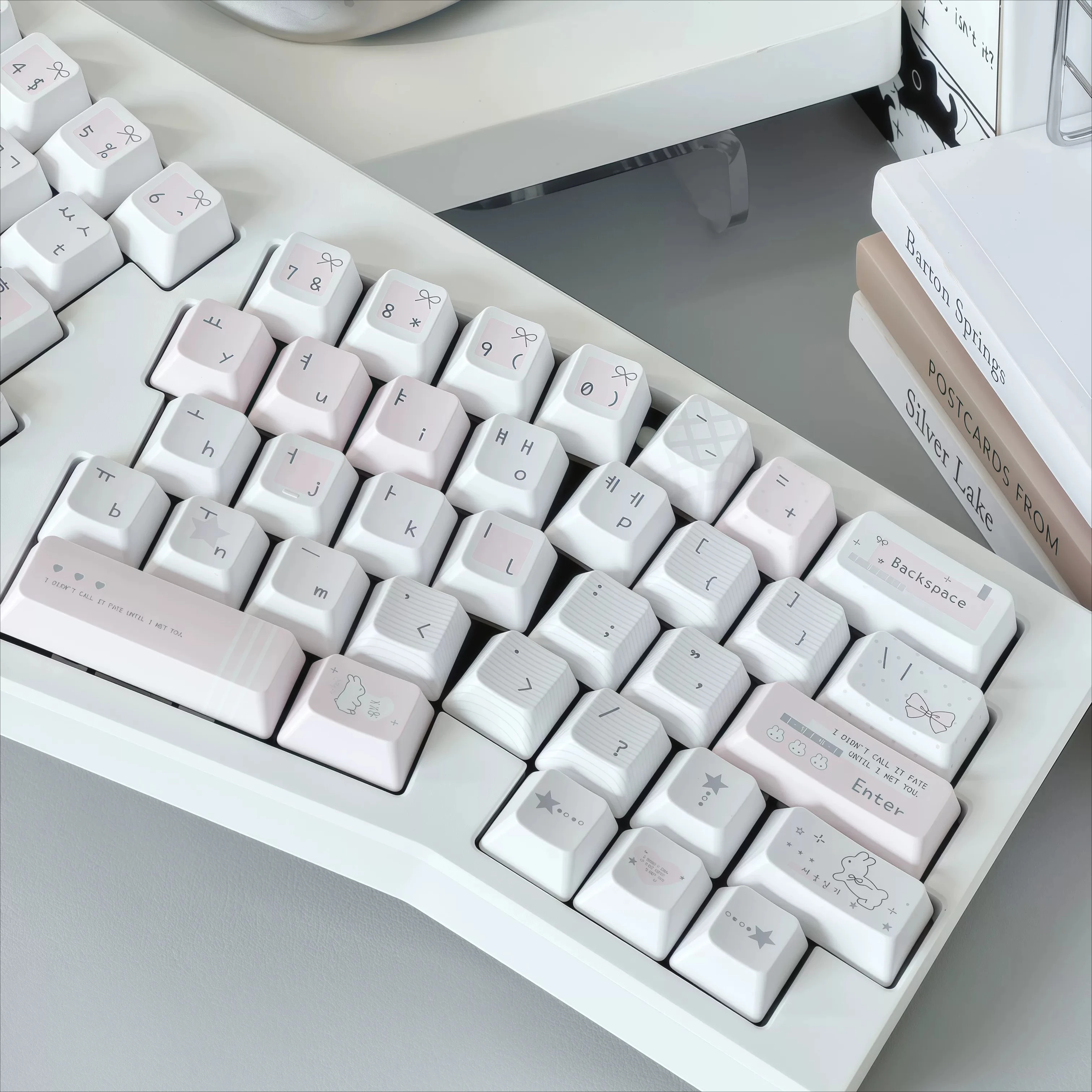MAIMOOO White Pink Korean Keycap FC Profile Fresh Cute Rabbit Bow PBT Custom Hangul Keycaps for Mechanical Keyboard Girls Gifts
