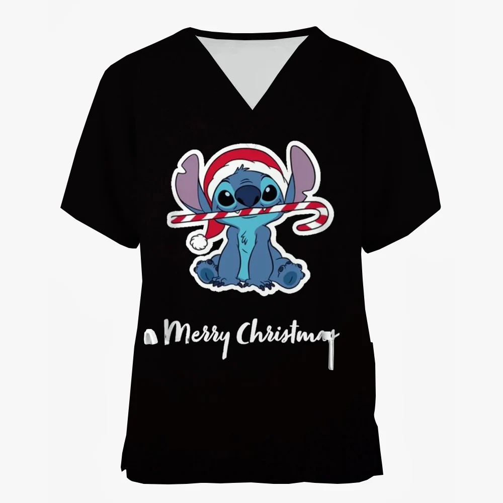 Disney Stitch Christmas Nurse Uniform Matte Women's Cartoon Deer Print Short Sleeve Pocket Work Uniform Medical Uniform