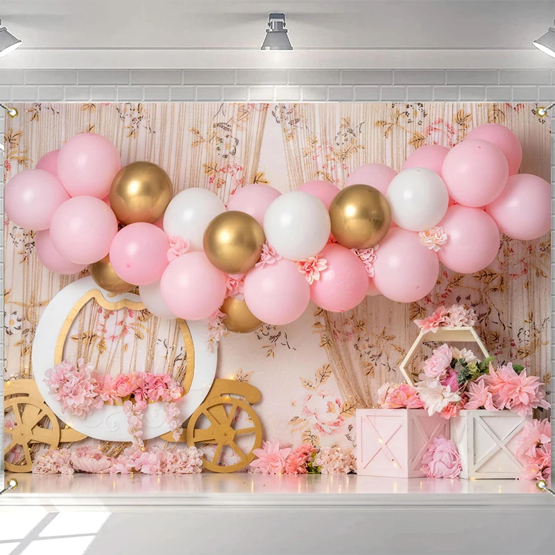 

LS Princess Carriage And Butterflies Backdrops Kids Baby 1st Birthday Cake Smash Photocall Decors Pink Balloons Backgrounds