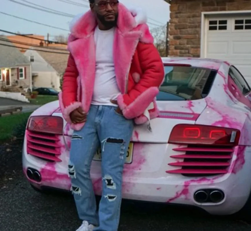 Men Faux Shearling Hooded Jacket Pink Contrast Furry Lining Zipper Belt Design Winter Thick Warm Coat Streetwear Outerwear