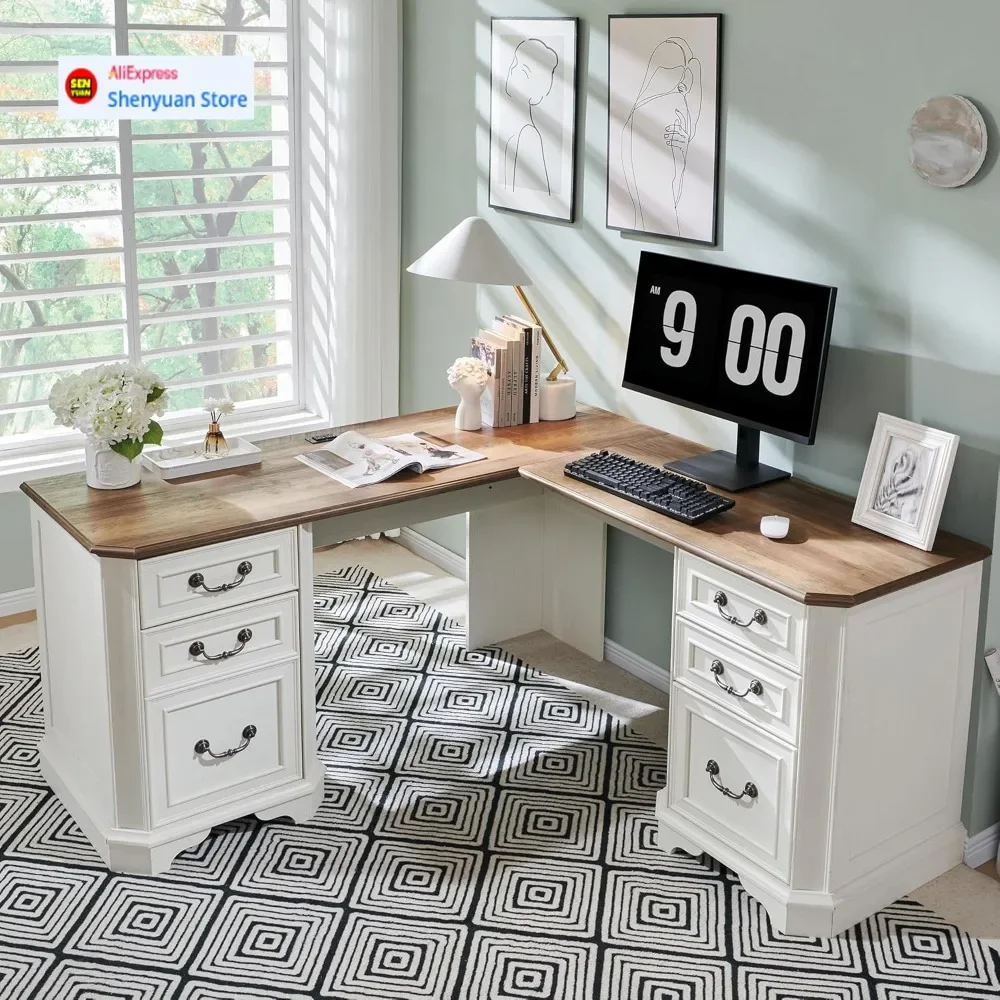 

Curated "executive l-shaped desk with storage, farmhouse style wood corner desk including charging station and file drawer"