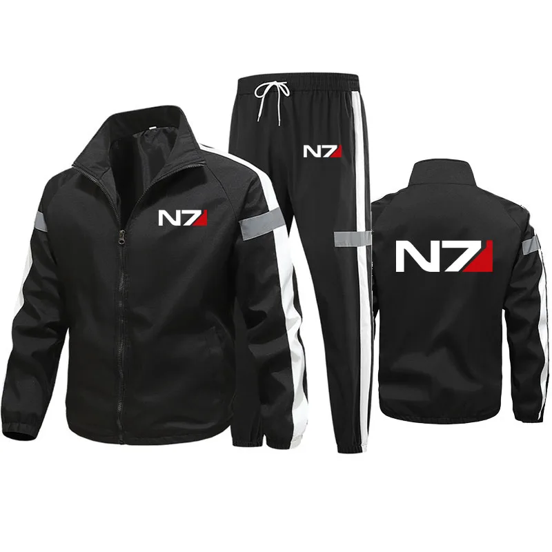 New Men N7 Mass Effect print Tracksuit jacket Casual Solid Color Pullover Long Pant 2-piece Set Autumn Jogger Sports Suit