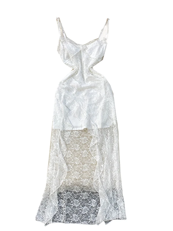 Pure Desire Sexy White Lace Splice Strapl Dr Women Summer Waist Cinch Slim Fit Long Skirt High Waist Asymmetrical Hem