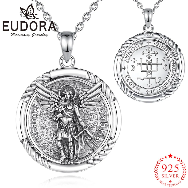 Eudora 925 Sterling Silver Saint Gabriel Archangel Necklace Vintage Medallion Amulet Pendant Religious Jewelry Men Fine Gifts