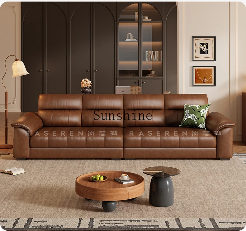 Retro oil wax leather leather sofa small apartment inline French cream style