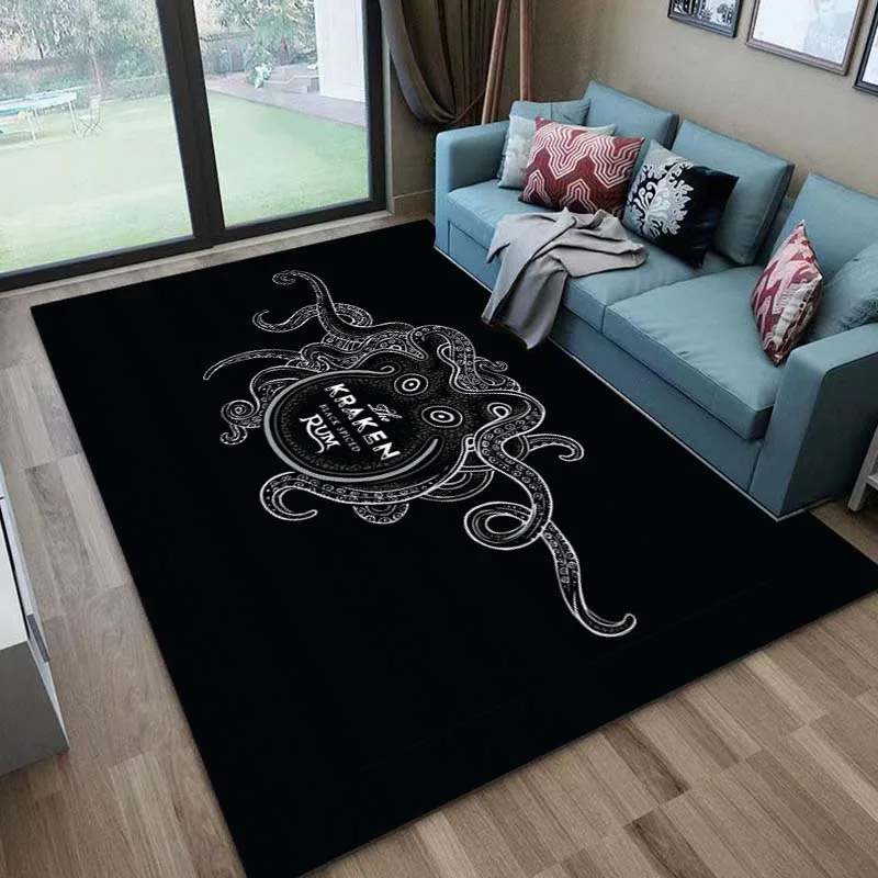 Alfombras con patrón negro Kraken de ron especiado, alfombrillas de juego para dormitorio, decoración de dormitorio, alfombra para sala de estar, alfombra para gatear, alfombra de regalo de Navidad