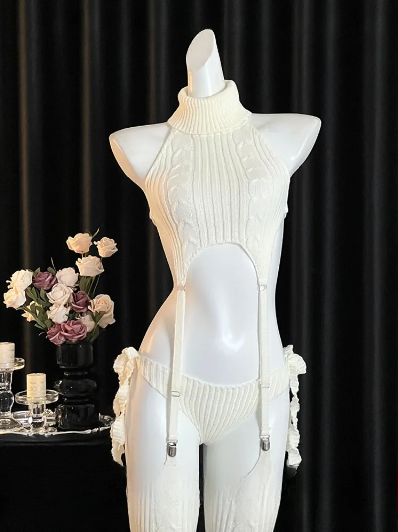 

White Knitted Sweater and Underwear Set,Sexy Backless Lingerie for Women,Revealing Temptation Outfit,Pure Desire Style Pajamas