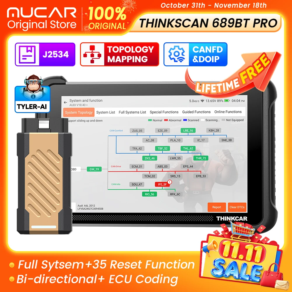 THINKSCAN 689BT PRO Car Diagnostic Tools Full System Topology Map 35 Resets OBD2 Scanner J2534 Pass-Thru Programming CAN FD DOIP