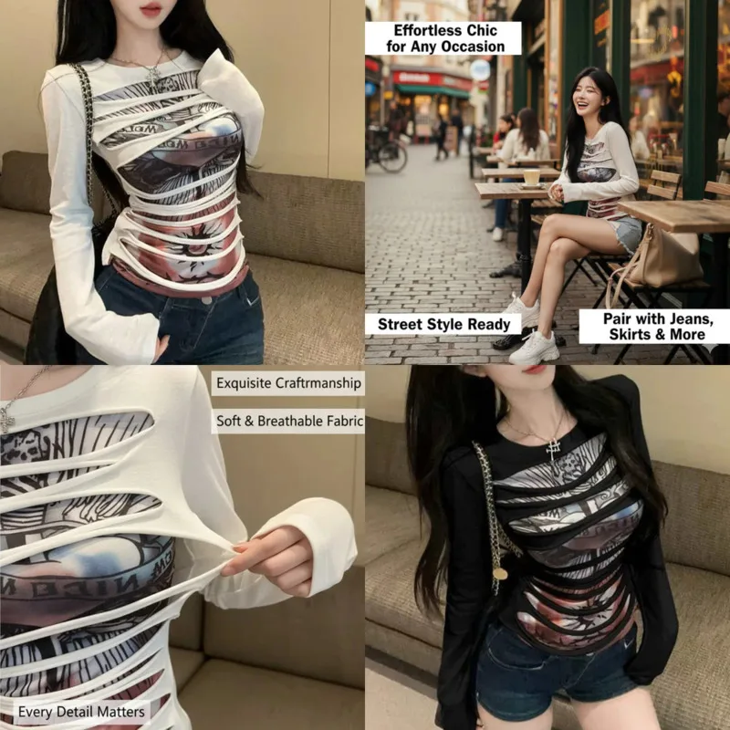 

Sexy American Y2K Sweetheart Top Women Fall Layered Long Sleeve Tee Girls Fun Off-Shoulder Ripped Perfect Base Layer T-shirt New