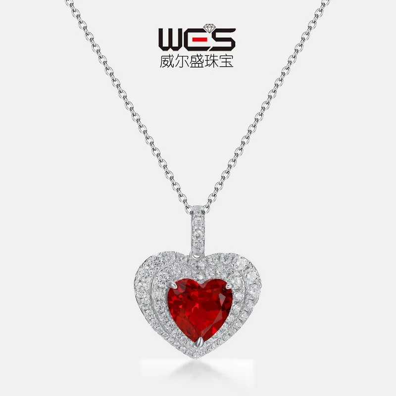 Love 18K Gold Inlaid with Colored Baby Stones PT950 Platinum Red Corundum Pendant Heart-shaped Sapphire Necklace