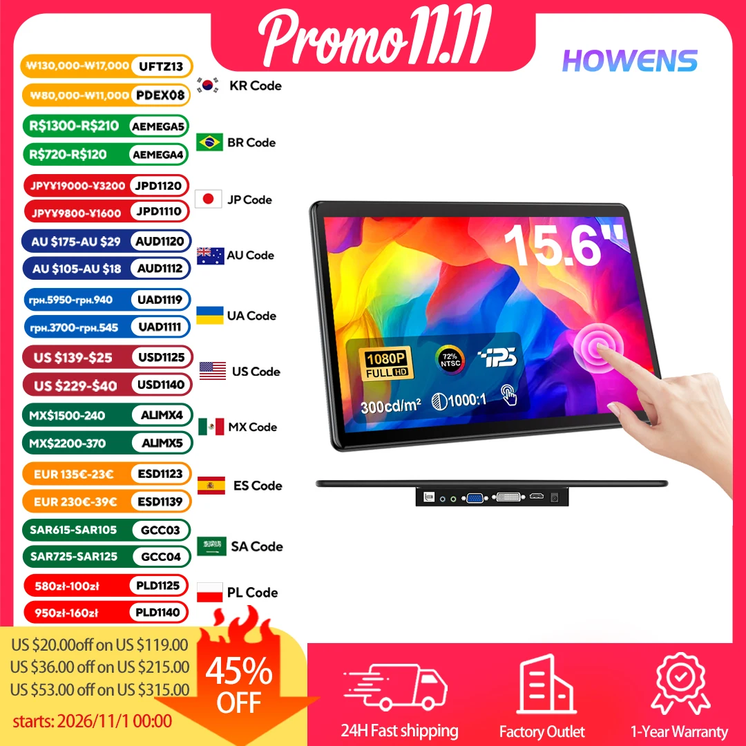 15.6 inch Touch screen Monitor 1080P FHD IPS VGA DVI HDMI VESA Dual Speakers for Industrial PC Laptop RPi POS External Display