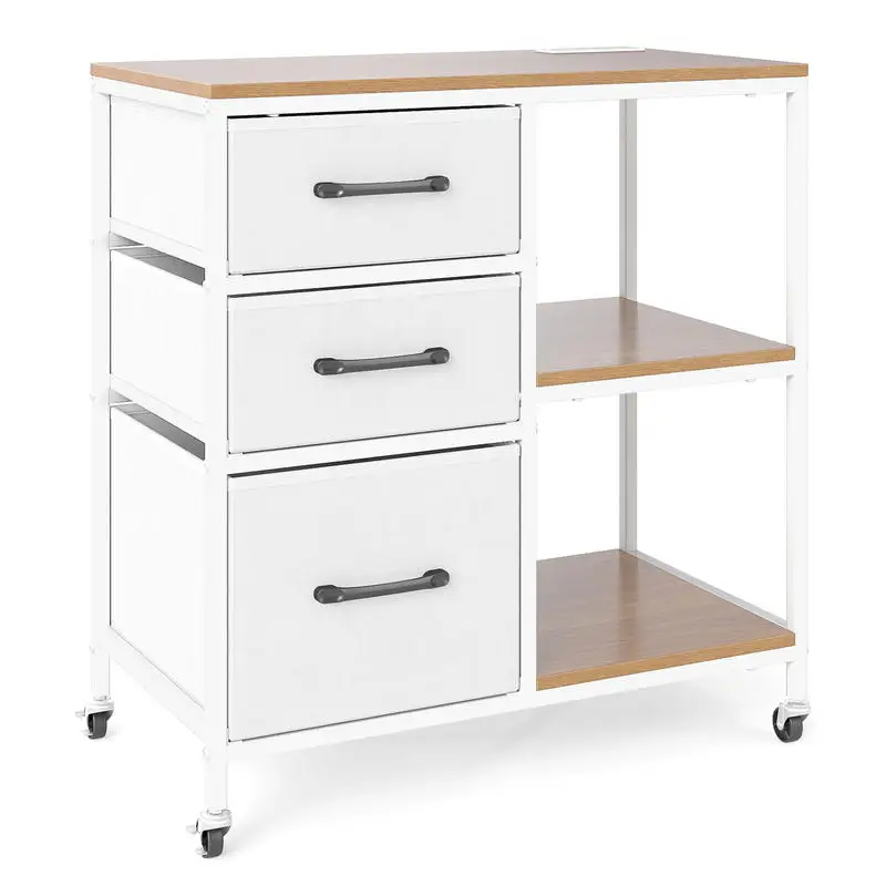 

3 Drawer Mobile File Cabinet with Charging Station Rolling Printer Stand with Open Storage Shelves-Natural