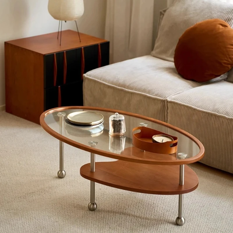 Peach glass coffee table, medium and ancient style small apartment oval retro tea table tempered glass cherry wood low table