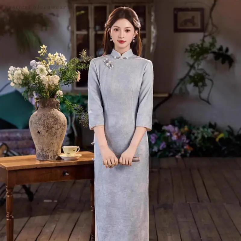 

Сексуальное тонкое платье Cheongsam, элегантное жаккардовое платье Ципао в китайском стиле, синее традиционное Ципао с воротником-стойкой, большие размеры 3XL, длинные платья