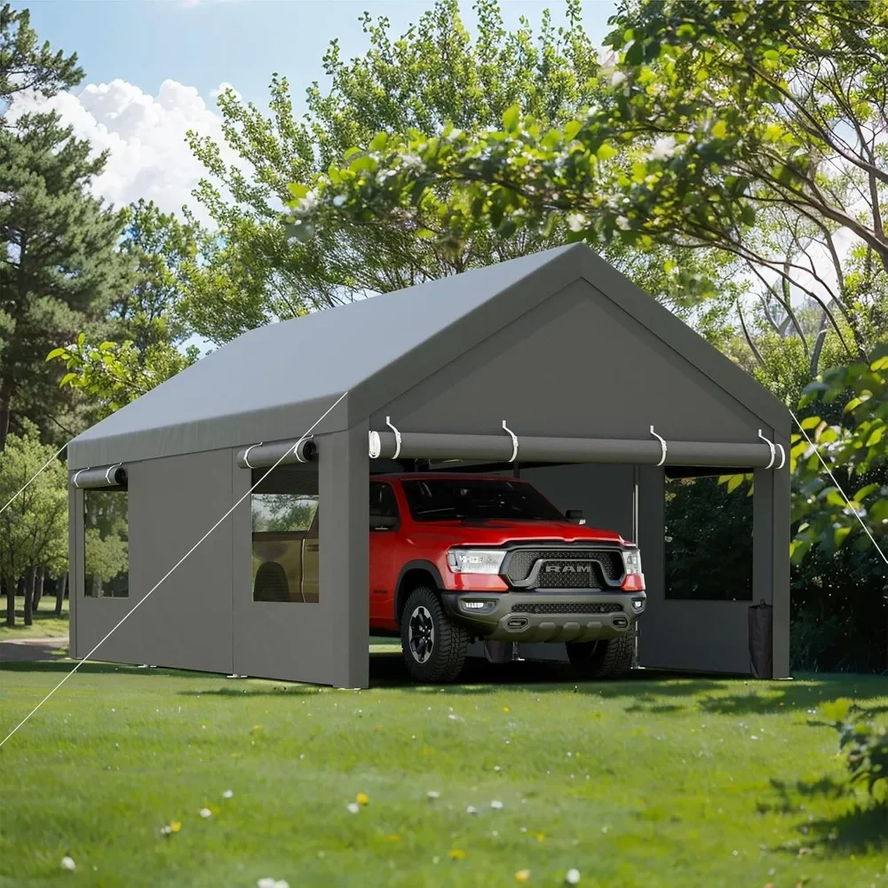 Carport, Reinforced Steel Poles with Removable Sidewalls & Doors, 12x20 FT Carport