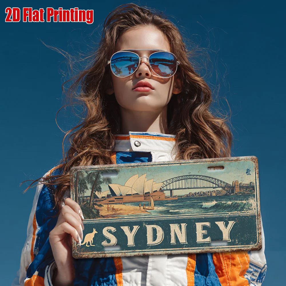 2D Flat - 1pc Vintage Metal Sign | 2D Flat Printing, Aluminum Sydney Sign with Opera House and Harbor Bridge, 11.8
