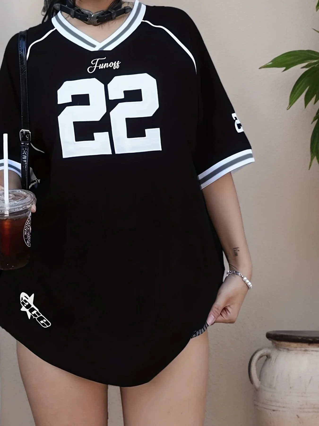 Summer Wokout Solid Color Loose Baseball Tops V-Neck Short Sleeve Fashion Leisure Loose Number Print Style T-Shirt Women Tops