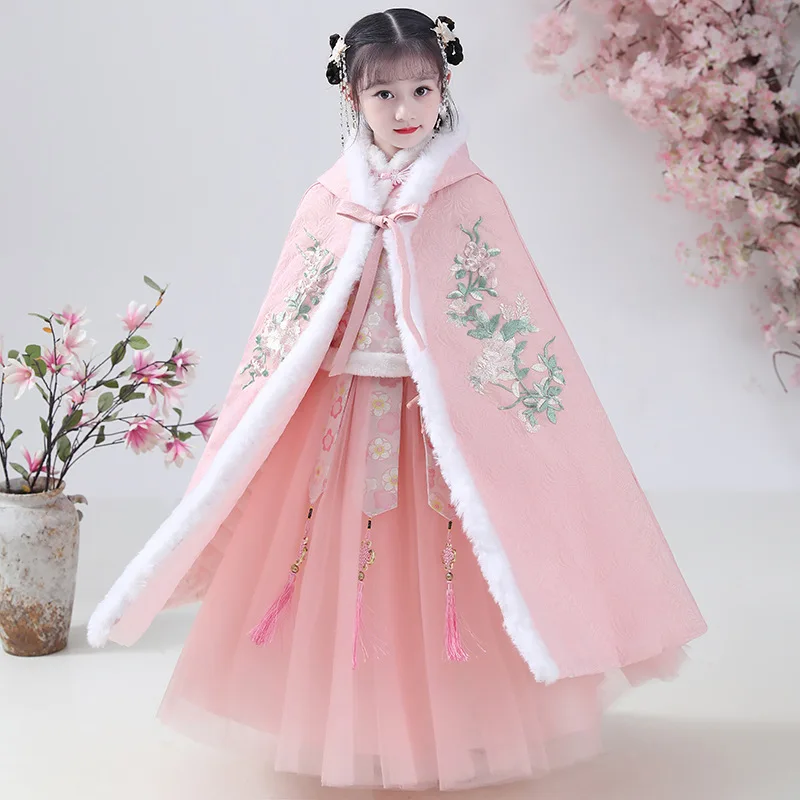 Winter Children Chinese Lovely Ancient Hanfu Cotton Embroidered Cape Kids Cotton-padded Clothes Traditional Hooded Shawl