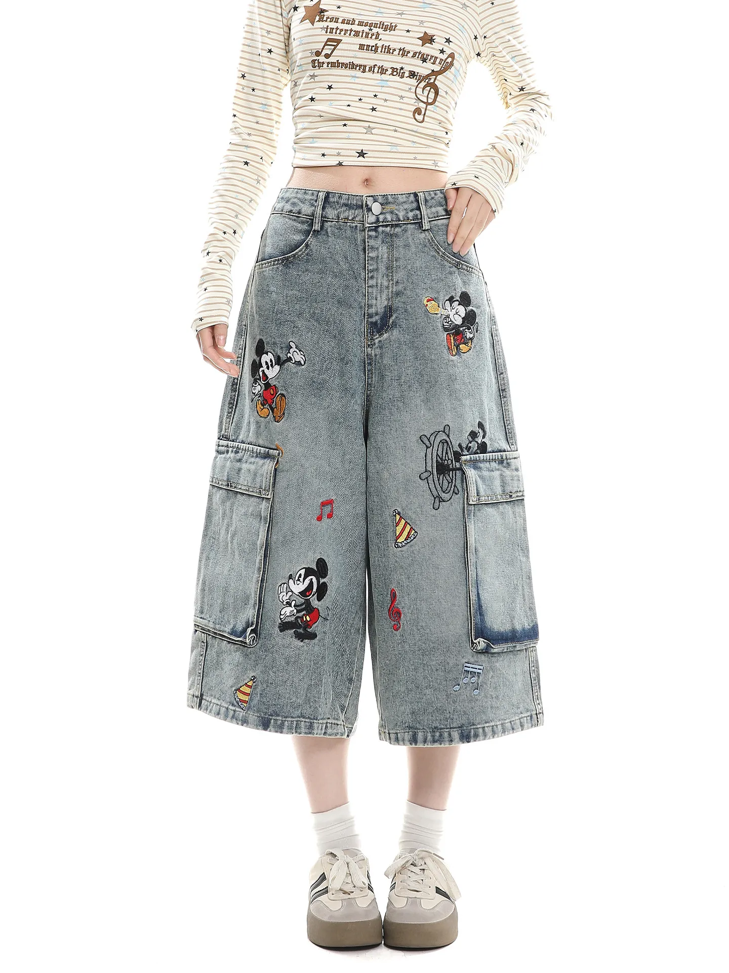 

Ретро-джинсы женские с вышивкой в американском мультяшном стиле, длина 7/8, свободные, широкие штанины, весна-осень, новинка, в стиле BF, рабочая одежда