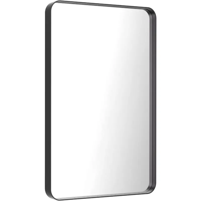 Black Metal Framed Bathroom Mirror for Wall, 24X36 Inch Rounded Rectangle Mirror, Matte Black Bathroom Vanity Mirror Farmhouse